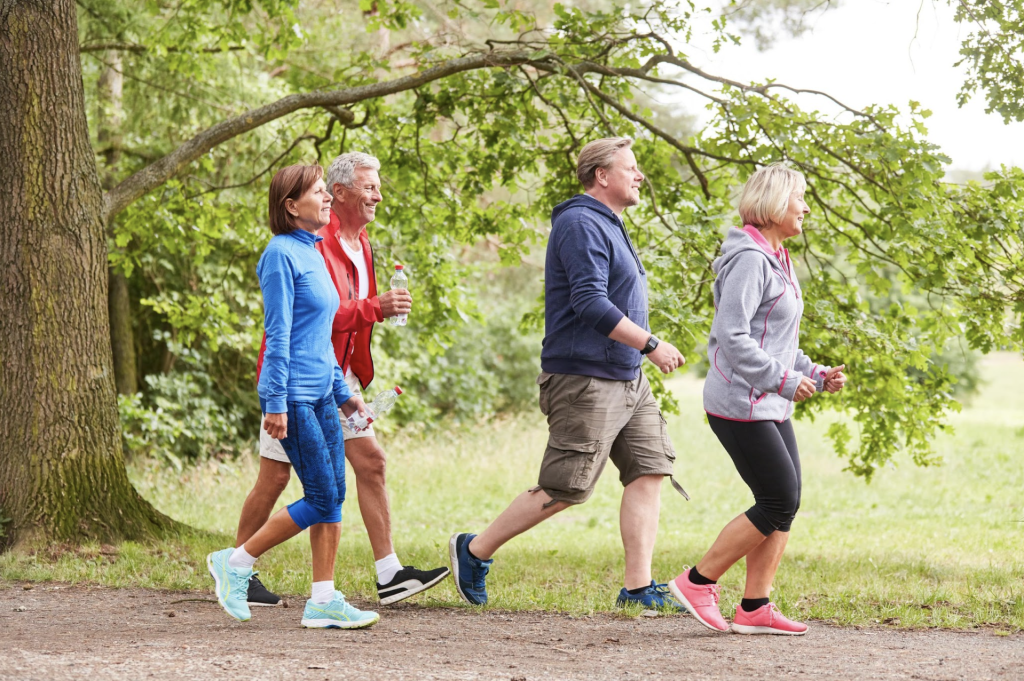 Vier mensen die buiten aan het wandelen zijn in het bos.